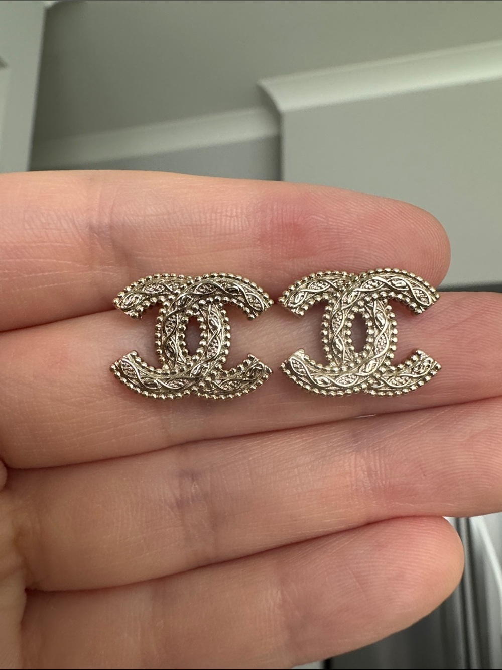 CC Style Carved Logo Stud Earrings Beige Gold
